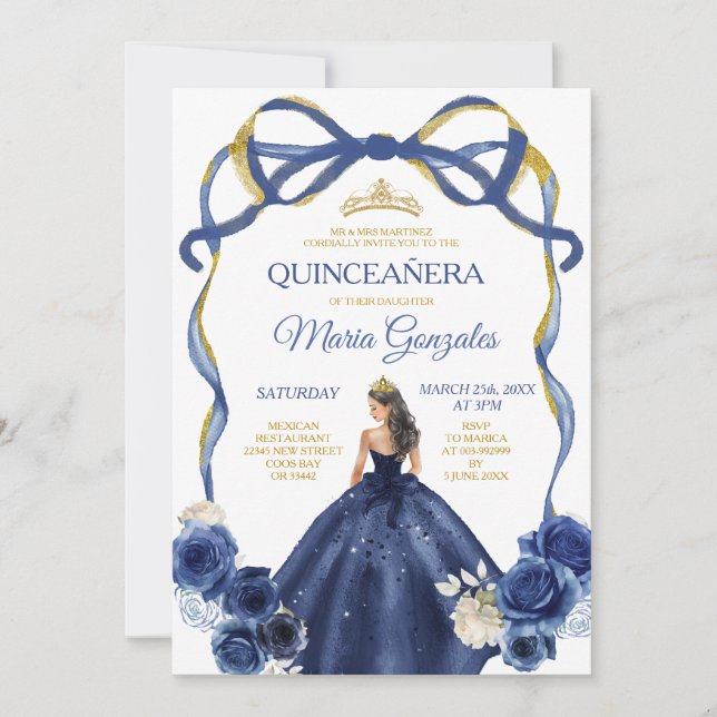 Convites Marinho Arco Azul Princesa Coroa Dourada Quinceañe (Frente)