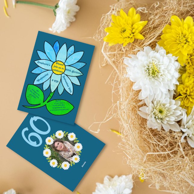 Convites Marinho Azul 60º Aniversário Simples Azul Girassol (Criador carregado)