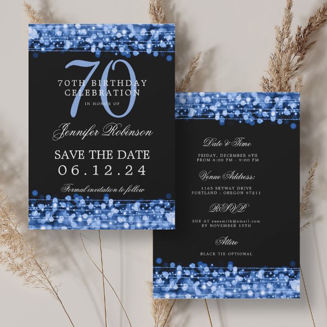 Convites Marinho Azul 70 Aniversário Guarde a Data com Deta (Navy Blue 70th Birthday Save the Date w/ Details Invitation)