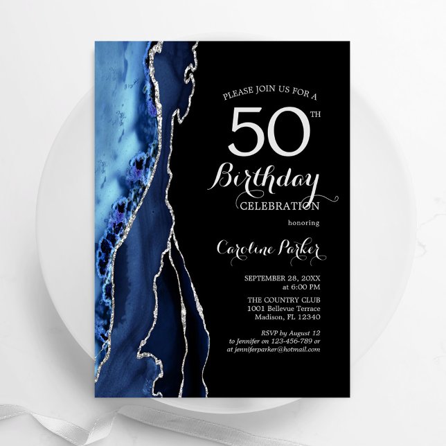 Convites Marinho Azul Agate Black Silver 50º aniversário (Criador carregado)
