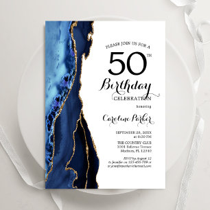 Convites Marinho Azul Agate Dourado Branco 50º Aniversário