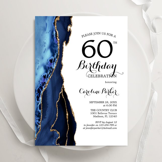 Convites Marinho Azul Agate Dourado Branco 60º aniversário (Criador carregado)