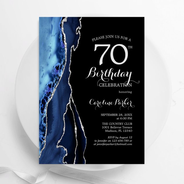 Convites Marinho  Azul Agate Prata 70 Preto Aniversário (Criador carregado)