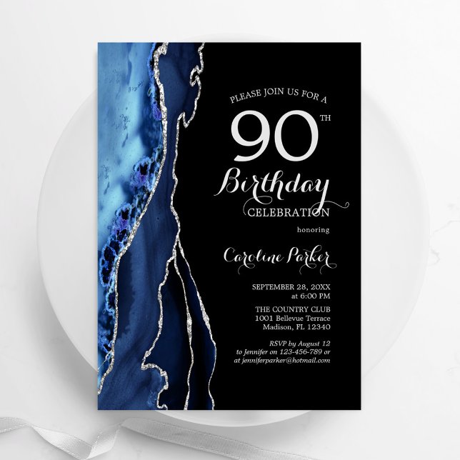 Convites Marinho  Azul Agate Prata 90 Preto Aniversário (Criador carregado)