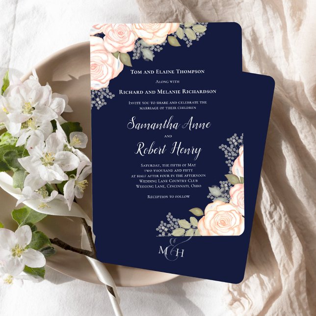 Convites Marinho Azul Água Blush Floral Casamento (Navy blue wedding invitation template with blush pink floral.)