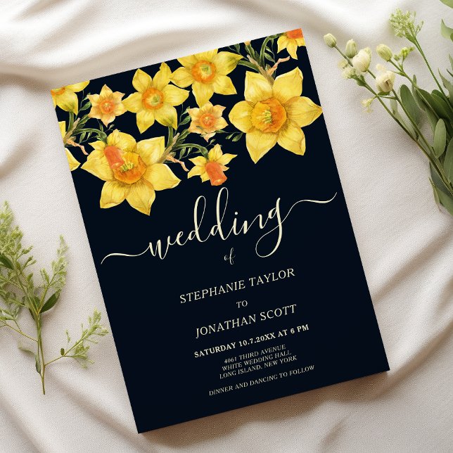 Convites Marinho azul-amarelo-alaranjado-daffodils casament (Navy blue yellow orange daffodils floral wedding)
