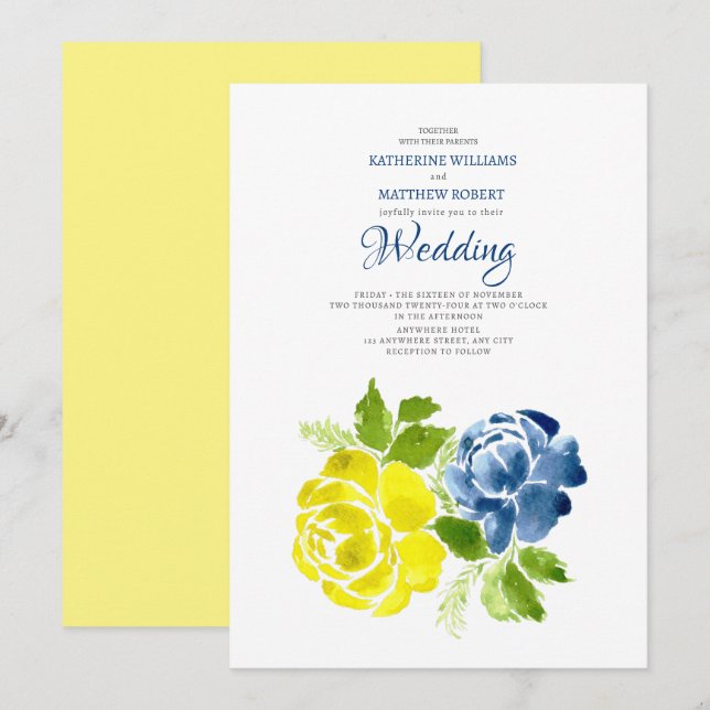 Convites Marinho Azul Amarelo floral Casamento de Verão (Frente/Verso)