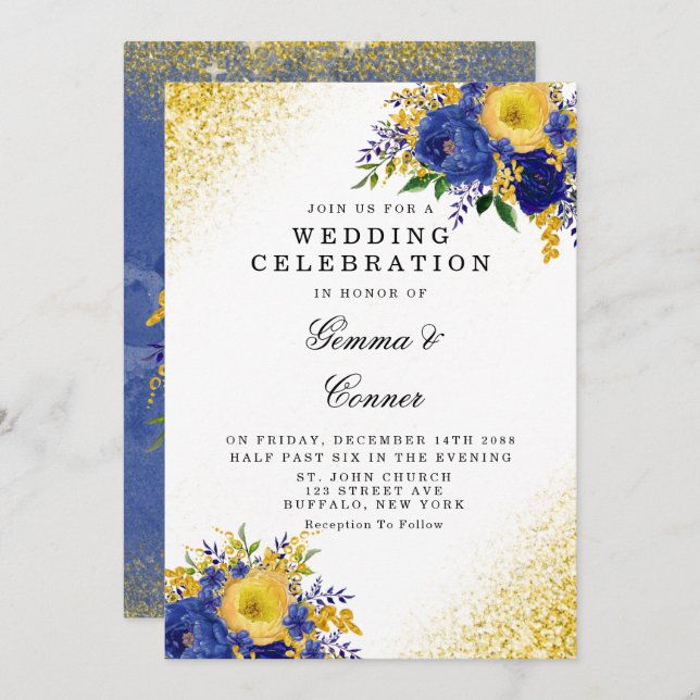 Convites Marinho Azul Amarelo Floral Dourado Glitter Casame (Frente/Verso)