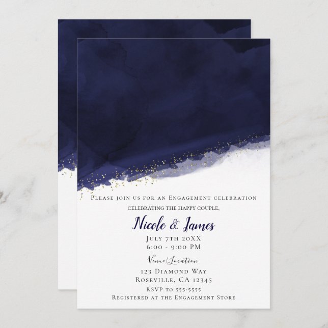 Convites Marinho Azul-Aquarela e Casamento Chic Moderno Dou (Frente/Verso)