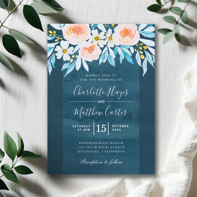Convites Marinho Azul Aquarela Floral Moderno Casamento (Criador carregado)