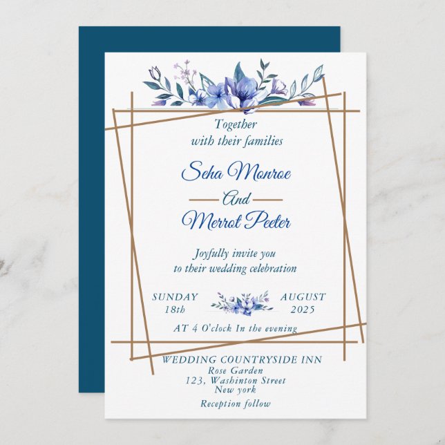 Convites Marinho azul-aquífero casamento floral rústico (Frente/Verso)