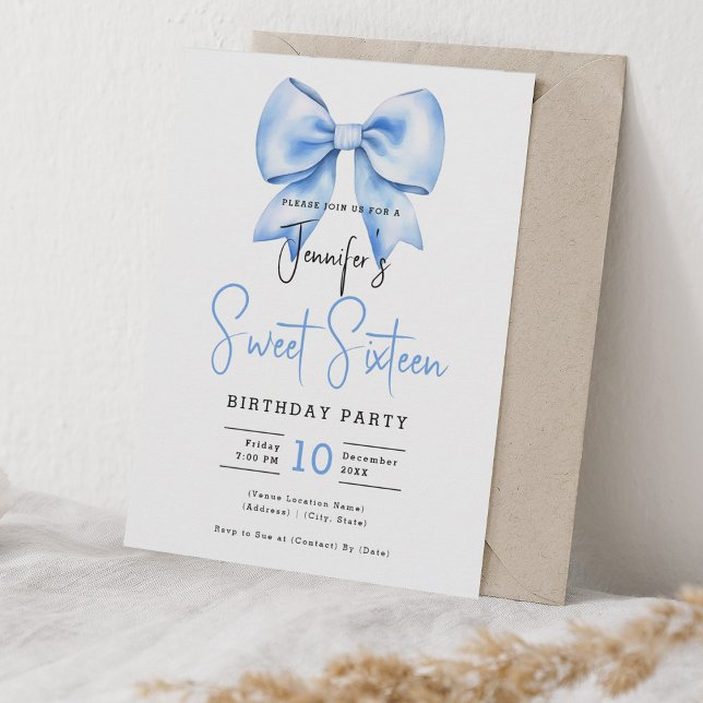Convites Marinho Azul Arco Coquette Cute Script Sweet 16 (Navy Blue Bow Coquette Cute Script Sweet 16 Invitation)