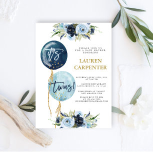 Convites Marinho azul balão chá de fraldas Gêmeos rapaze