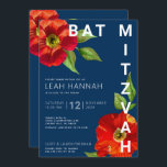 Convites Marinho Azul Bat Mitzvah Red Floral Watercolor Mod<br><div class="desc">Tenha orgulho, alegria e mostre este marco do seu Bat Mitzvah favorito com este sofisticado e personalizado convite! Uma aquarela floral vermelha, chica, espantosa, com serifa san moderna sobrepõe um fundo azul marinho. Personalize o texto personalizado com o nome, a data e as informações do local do seu Bat Mitzvah....</div>