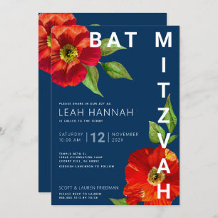 Convites Marinho Azul Bat Mitzvah Red Floral Watercolor Mod