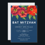 Convites Marinho Azul Bat Mitzvah Red Watercolor Floral Mod<br><div class="desc">Tenha orgulho, alegria e mostre este marco do seu Bat Mitzvah favorito com este sofisticado e personalizado convite! Uma aquarela floral vermelha, chica, espantosa, com serifa san moderna sobrepõe um fundo azul marinho. Personalize o texto personalizado com o nome, a data e as informações do local do seu Bat Mitzvah....</div>