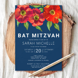 Convites Marinho Azul Bat Mitzvah Red Watercolor Floral Mod