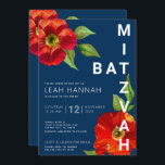 Convites Marinho Azul Bat Mitzvah Vermelho Floral Moderna C<br><div class="desc">Tenha orgulho, alegria e mostre este marco do seu Bat Mitzvah favorito com este sofisticado e personalizado convite! Uma aquarela floral vermelha, chica, espantosa, com serifa san moderna sobrepõe um fundo azul marinho. Personalize o texto personalizado com o nome, a data e as informações do local do seu Bat Mitzvah....</div>