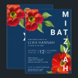 Convites Marinho Azul Bat Mitzvah Vermelho Floral Moderna C<br><div class="desc">Tenha orgulho, alegria e mostre este marco do seu Bat Mitzvah favorito com este sofisticado e personalizado convite! Uma aquarela floral vermelha, chica, espantosa, com serifa san moderna sobrepõe um fundo azul marinho. Personalize o texto personalizado com o nome, a data e as informações do local do seu Bat Mitzvah....</div>