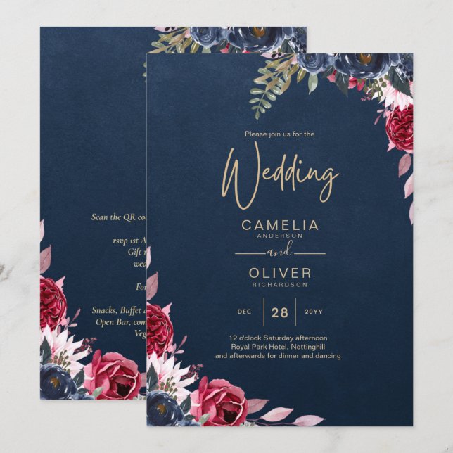 Convites Marinho Azul Berry Floral Burgundy Fall (Frente/Verso)