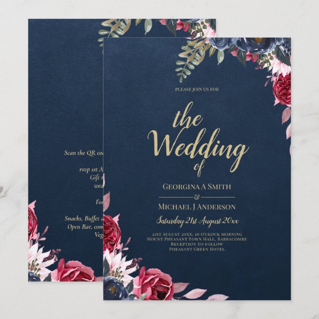 Convites Marinho Azul Berry Floral Burgundy Fall (Frente/Verso)