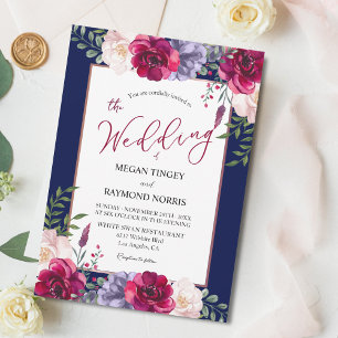 Convites Marinho Azul Blush & Burgundy Casamento Floral de 