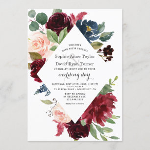 Convites Marinho Azul Blush Casamento Floral de Charm Burgu