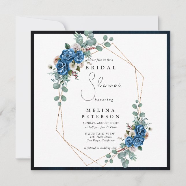 Convites Marinho Azul Blush Chá de panela Floral Pink Dusty (Frente)