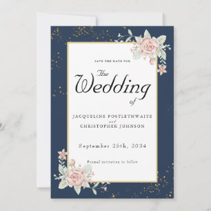 Convites Marinho Azul Blush Cor-De-Rosa Casamento Salvar A