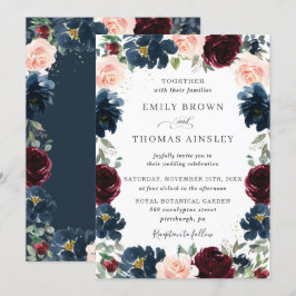 Convites Marinho Azul Blush Floral Chic Burgundy