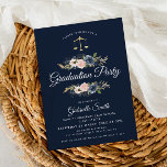 Convites Marinho azul blush floral festa de formatura de fa<br><div class="desc">Um cartão de convite para a graduação de fotos elegante,  com cores azuis e brancas e flores de marinho e aquarela. Os detalhes do texto e a imagem podem ser personalizados.</div>