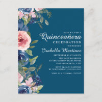 Marinho Azul Blush Floral Verde Deixa Quinceañera