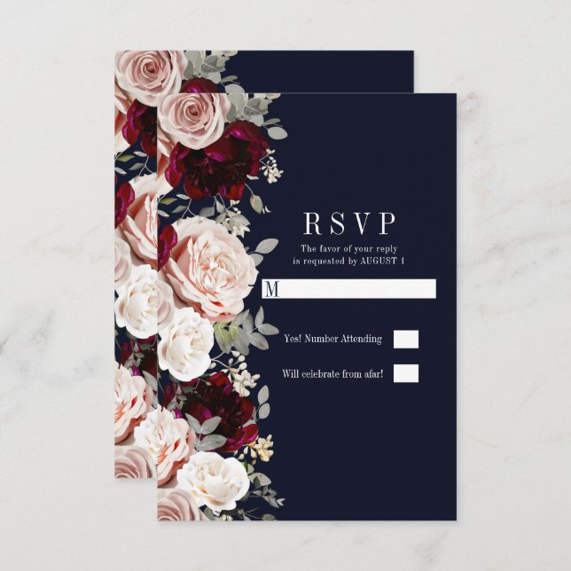 Convites Marinho Azul Blush Rosa Burgundy Floral Casamento  (Frente/Verso)