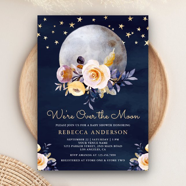 Convites Marinho Azul Boho Floral Terroso Chá de Bebê Lua (Criador carregado)