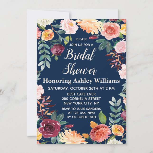 Convites Marinho Azul Boho Verde Queda Chá de panela Floral (Frente)