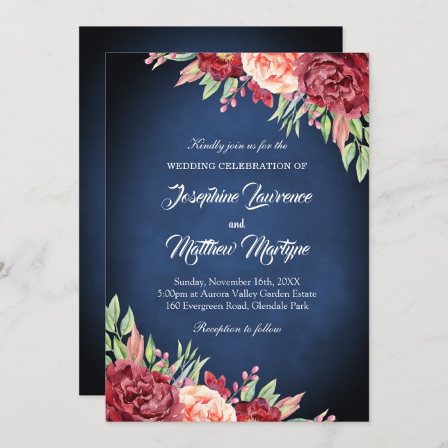 Convites Marinho Azul Borgonha Blush Elegante Casamento Flo (Frente/Verso)