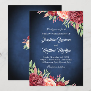 Convites Marinho Azul Borgonha Blush Elegante Casamento Flo