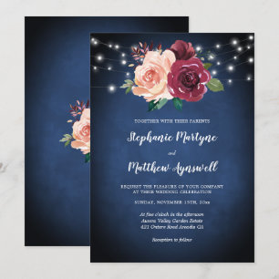 Convites Marinho Azul Borgonha Blush Luzes Florais Casament