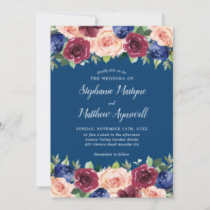 Convites Marinho Azul Borgonha Blush Moderno Casamento Flor