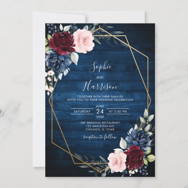 Convites Marinho Azul Borgonha Dourada Blush Casamento de M (Frente)
