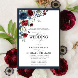 Convites Marinho Azul Borgonha Floral Watercolor Script Inv