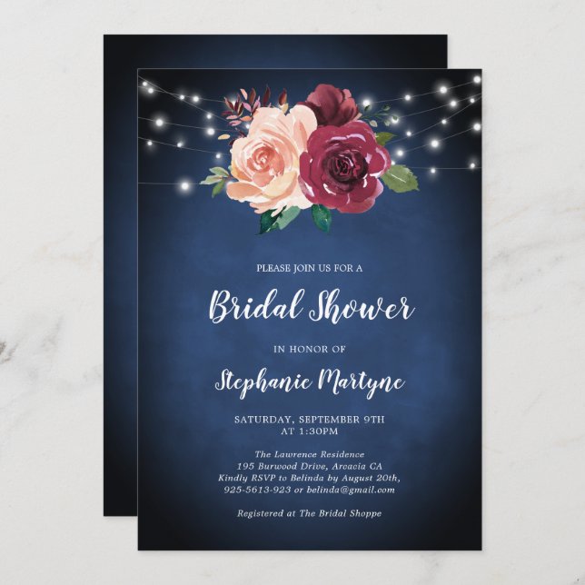 Convites Marinho Azul Borgonha Luzes Florais Chá de panela (Frente/Verso)