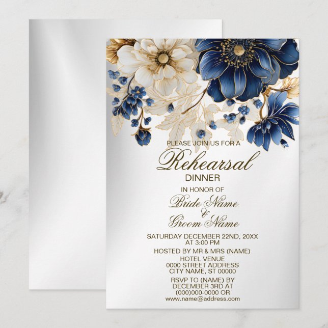 Convites Marinho Azul-Branco do Janto de Ensaio de Casament (Frente/Verso)