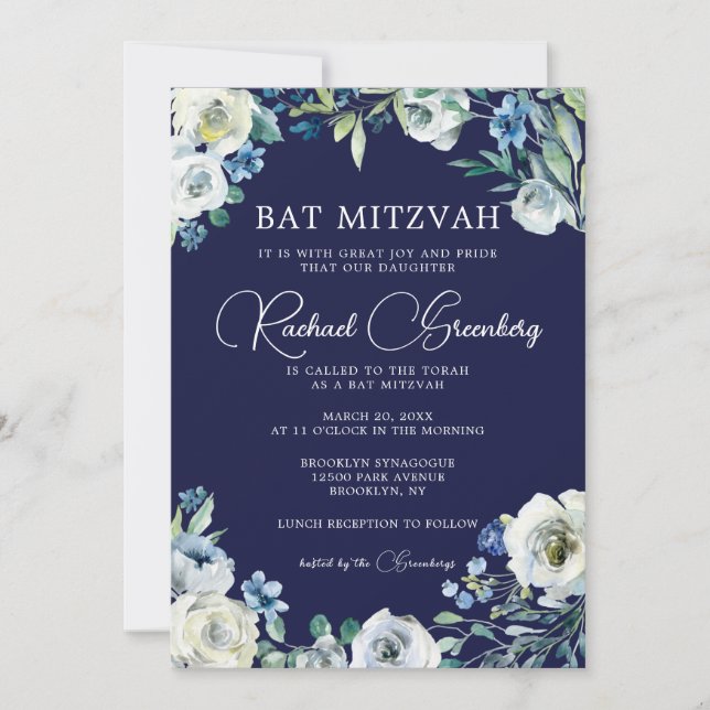 Convites Marinho Azul Branco Floral Belo Bat Mitzvah (Frente)