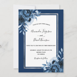Convites Marinho azul branco floral prata casado quic