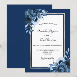 Convites Marinho azul branco floral prata casado quic
