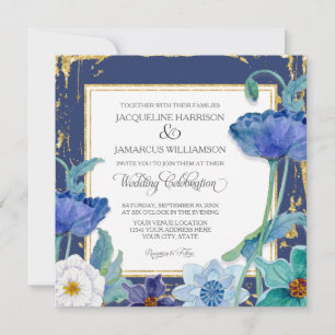 Convites Marinho Azul Branco Moldura Arte Floral com Quadro