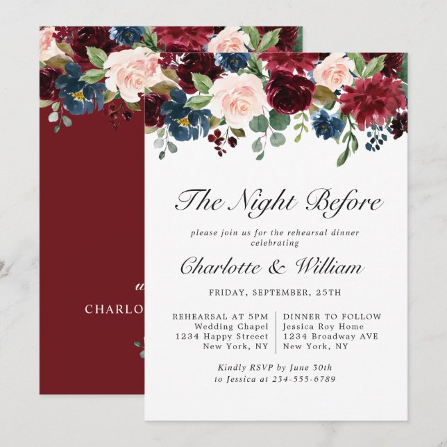 Convites Marinho azul brilhante Flores azuis JANTO REHEARSA (Frente/Verso)