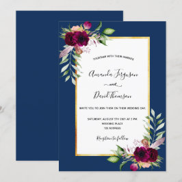 Convites Marinho azul burgundy florais ouro boho casamento