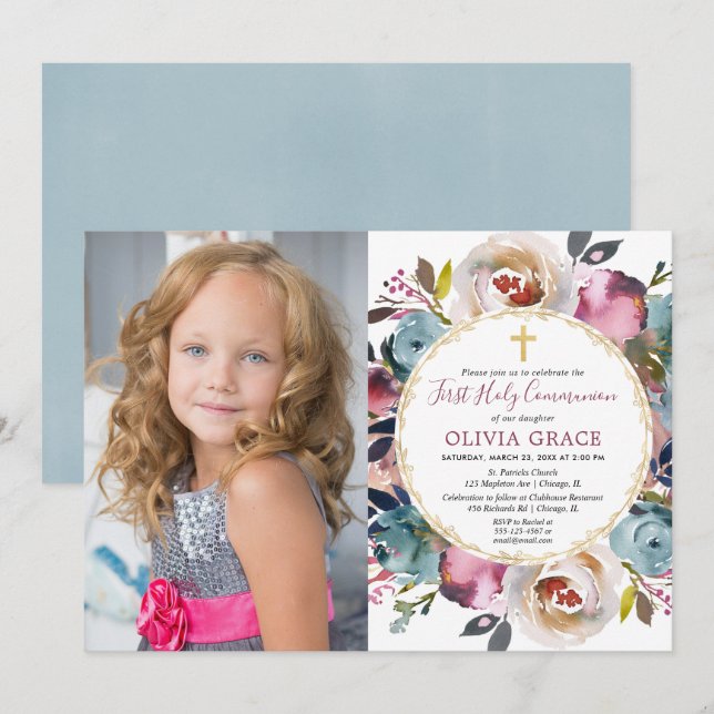 Convites Marinho azul burgundy Primeira foto da Santa Comun (Frente/Verso)